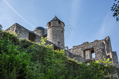 德国最好的保存城堡夹石废墟灰色蓝色历史石头王朝格劳石工中产阶级背景图片