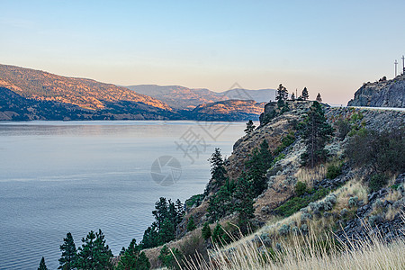 夏季日落时奥卡纳根湖景色概览场景风景支撑树木假期绿色土地季节乡村国家图片