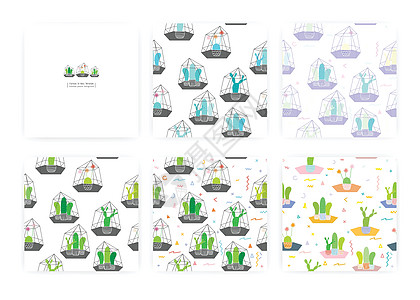 在具有几何图案背景的玻璃容器中的仙人掌 礼品包装设计的矢量插图异国情调花园植物剪贴簿热带水彩收藏纺织品包装图片