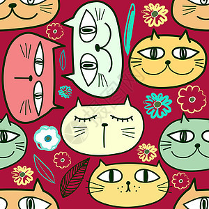 可爱的猫咪无缝图案背景 织物和礼品包装设计的矢量图解草图艺术品微笑孩子们动物插图绘画卡通片手绘宠物图片