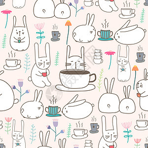 可爱的兔子无缝图案背景 织物和礼品包装设计的矢量图解绘画女孩野兔宠物卡通片婴儿插图纺织品孩子墙纸图片