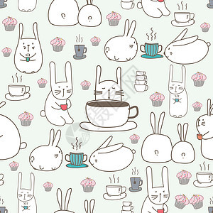 可爱的兔子无缝图案背景 织物和礼品包装设计的矢量图解野兔纺织品苗圃女孩卡通片绘画咖啡宠物动物涂鸦图片
