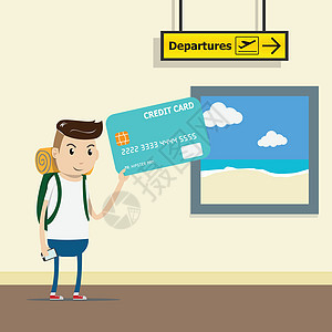 游客在机场航站楼用信用卡在手背包 信用卡概念的舒适付款 轻松消费 矢量图 eps1图片
