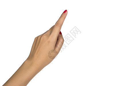 女性用红指甲抚摸或指向白色背景中孤立的东西图片