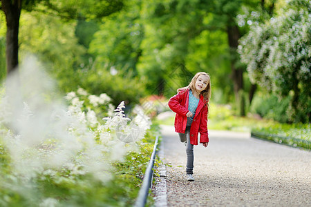 秋天玩得开心的可爱小女孩夹克树木幸福季节公园孩子快乐雨衣压痛乐趣图片