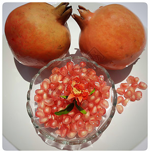 两颗石榴和石榴籽放在碗里 里面有闪亮的红色珠宝 花蕾放在碗里 漂亮地放在白盘里叶子饮食浆果营养团体甜点粮食健康石榴石卡片图片