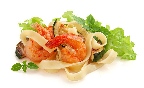 带卷菜和意大利面的炸虾食物美食面条海鲜午餐绿色对虾盘子香料胡椒图片