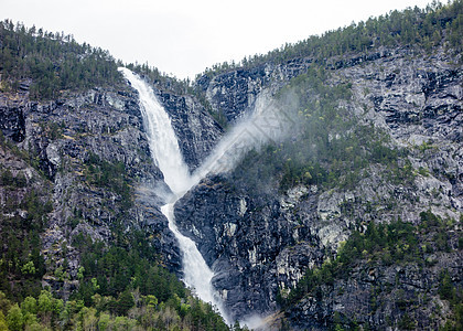 挪威Sognefjord附近悬崖上的瀑布峡湾泡沫天空森林岩石激流山脉流动树木运动图片