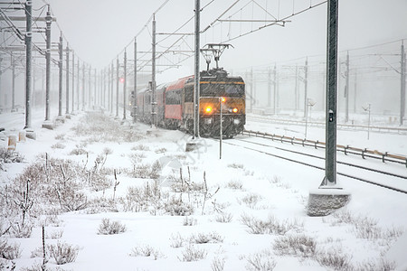 荷兰冬季的雪暴中火车驾驶 荷兰冬天交通运输暴风雪图片