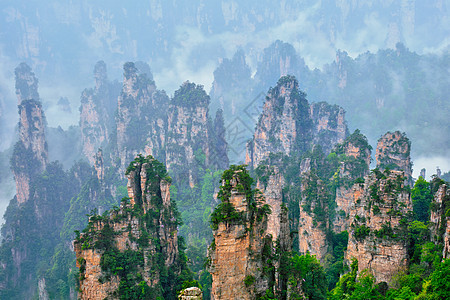 中国张家江山岩石森林旅游游客旅行吸引力爬坡悬崖薄雾遗产图片