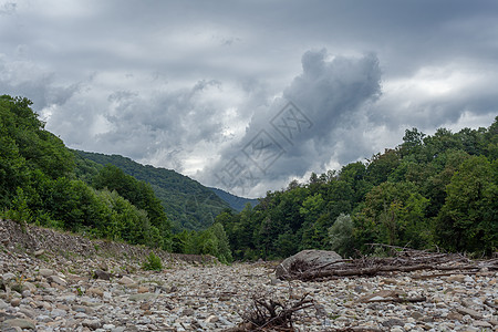 灰云阿什河的石床旅行森林荒野树木绿色天空旅游横财树干山脉背景