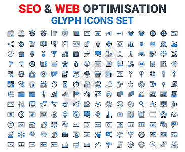搜索引擎优化的字形图标集电子技术社会博客关键词插图营销地球引擎服务图片