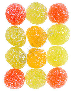 热量多色糖 分离0绿色水果糖甜点甜蜜橙子红色团体食物棉花黄色背景图片