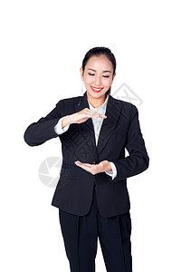 年轻女商务人士用手举起手来展示自己的姿势空白商业横幅白色女孩女性女士销售手势广告图片
