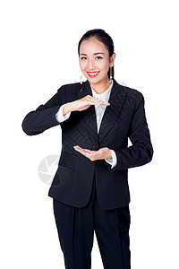 年轻女商务人士用手举起手来展示自己的姿势女孩女性空白手势销售女士商业广告横幅白色图片