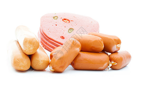 白色背景的新鲜香肠食物美食牛肉猪肉熏肉营养饮食早餐熏制产品图片