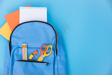 教育儿童的蓝包包背包Blue袋背包孩子们补给品笔记本铅笔纺织品统治者剪刀口袋蓝色配件图片