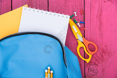 教育儿童的蓝包包背包Blue袋背包孩子涂鸦者笔记本工具行李桌子解雇家庭作业孩子们学习图片
