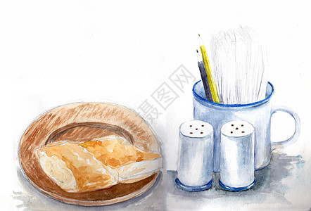咖啡馆的手绘草图 桌上的物品 Mugsalt 和胡椒糕点面包在盘子里 它制作水彩画图片