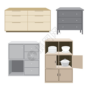 一套橱柜木家具风格隔离对象 Vecto商业插图房子卧室房间贮存抽屉文档壁橱公司图片