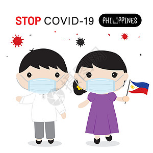 菲律宾人民穿着民族服饰和面具来保护和阻止 Covid-19 用于信息图表的冠状病毒卡通载体图片