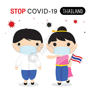 泰国人民穿着民族服饰和面具来保护和阻止 Covid-19 用于信息图表的冠状病毒卡通载体图片