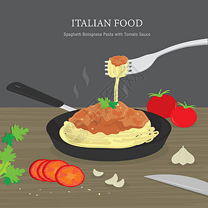 一套传统的意大利食品意大利肉酱意大利面配番茄酱 它制作图案卡通矢量图片