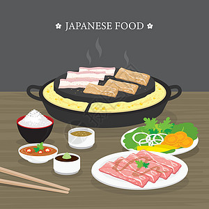 一套传统的日本食物 Yakiniku 版本的韩国烧烤 生牛肉和猪肉切片烹饪烧烤和烤 它制作图案卡通矢量图片
