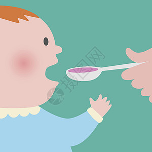 婴儿吃手婴儿吃糖浆药的汤匙男生卡通片诊所插图卫生病人营养食物保健医院插画