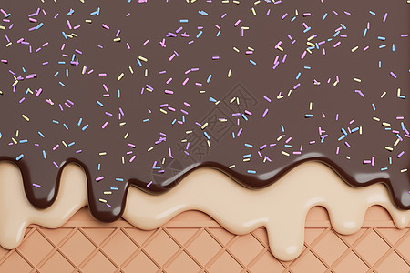 巧克力和香草冰淇淋在晶圆背景上融化并洒上 3d 模型和插图食物卡通片甜点牛奶糖浆胡扯液体糖果流动饼干图片