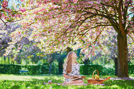 在盛开的春天公园野餐的年轻美女水果闲暇面包阳光长发樱花小吃女孩篮子季节图片