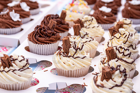巧克力和香草蛋糕派对杯子白色漩涡装饰棕色甜点托盘薄片美食图片
