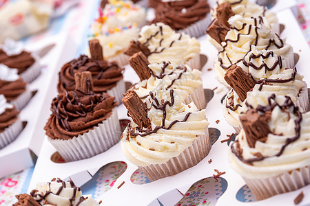 巧克力和香草蛋糕棕色奶油杯子甜点白色漩涡小吃托盘庆典装饰图片