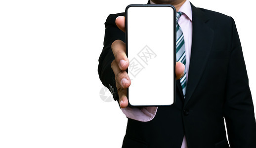 利用持有智能手机的商务人士显示白色背景信息的白色屏幕白屏图片