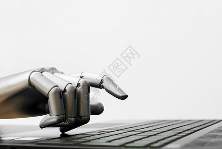 机器人概念或机器人手聊天机器人按电脑键盘输入工厂手臂按钮机器学习智力监控笔记本技术工作图片