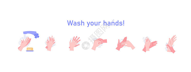 一步一步地用脚步指示如何正确洗手 Covid19 手的血压教学防腐剂操作手腕说明消毒细菌气泡指尖注意力手指图片