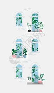 阳台上的花房 满屋子都是植物 从门外看 城市丛林概念 公寓房子外墙园艺花朵棕榈绿色植物插图寒意街道叶子橡胶蕨类图片