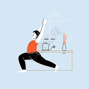 做瑜伽的人在背景上用内室内做实身的简单和直线性格插图男性窗户客厅男生平衡公寓运动厨房男人姿势图片
