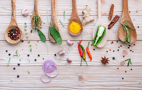 木勺中各种香料和草药 平坦的香料植物食谱厨师叶子烹饪餐厅食物胡椒营养草本植物图片