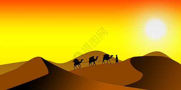 沙漠沙丘和骆驼在沙漠中行走图片
