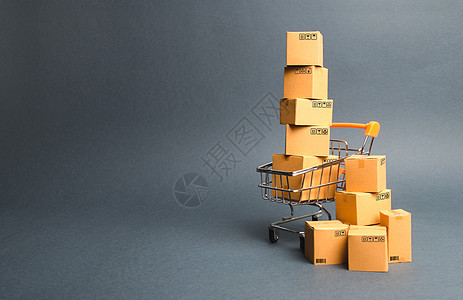 有箱子的购物车超级市场 产品的销售 概念商务 在线购物 购买力 交货顺序 电子商务 通过在线交易平台销售和销售商品图片