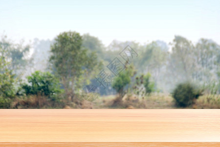 模糊的农业区自然背景上的木板 农田水稻植物景观和天空模糊背景上的空木桌地板 软林树上空的木桌板图片