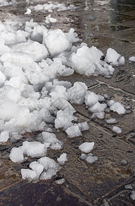 雪融雪地面太阳人行道水坑季节反射晴天天气街道白色图片