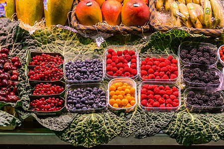 带蔬菜的拉博克里亚市场柠檬营养价格饮食橙子店铺摊位水果食物商业图片