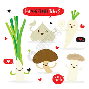 一套蔬菜卡通人物萝卜香菇 Eringii 蘑菇大蒜韭菜矢量图片