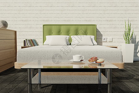 阁楼卧室内部与床玻璃桌在前面与咖啡杯和甜甜圈  3d 渲染图片