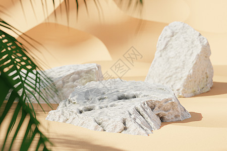 与绿色棕榈树的沙滩上的白色岩石  3d 渲染图背景图片