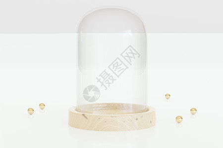 空的玻璃圆顶与木制托盘在白色背景上与金色的珠子  3D渲染图片