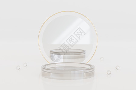 有镜子和透明玻璃珠的玻璃盘子在白色背景 最适合产品展示  3D渲染图片