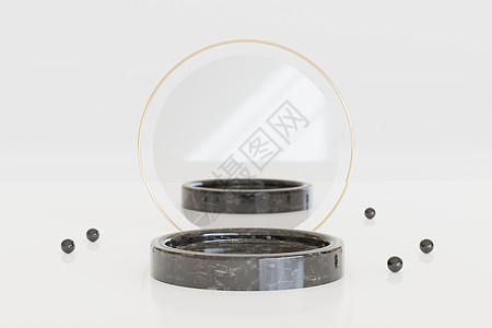黑色光滑的大理石托盘 白色背景上有镜子和大理石珠 最适合产品展示  3D渲染图片